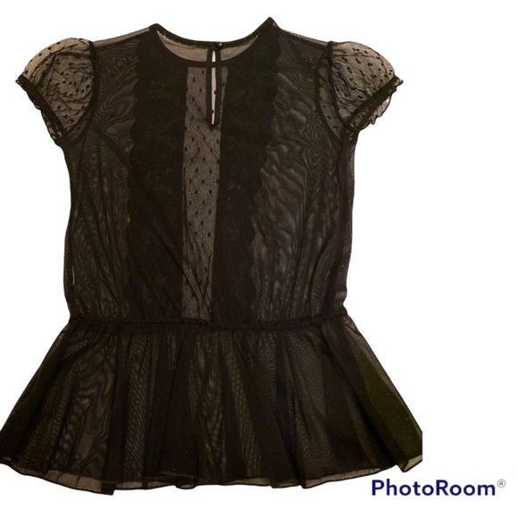 RARE SEXY VINTAGE SHEER BLACK TOP W LACE, CAP SLEEVES CINCHED WAIST BLOUSE - Picture 9 of 11